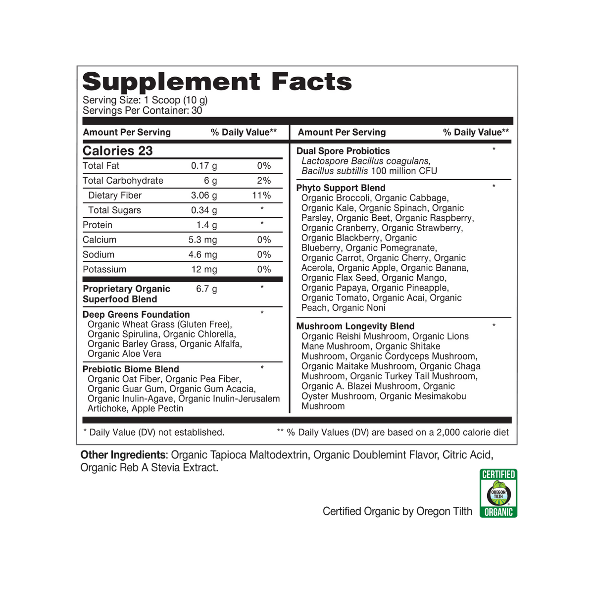 Supplement Facts panel for Aceva Absolute Greens, showing the Proprietary Organic Superfood Blend and the Oregon Tilth certified organic seal