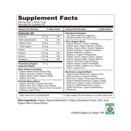 Supplement Facts panel for Aceva Absolute Greens, showing the Proprietary Organic Superfood Blend and the Oregon Tilth certified organic seal