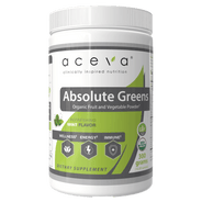 Aceva Absolute Greens, a 300 g tub of certified organic superfood powder