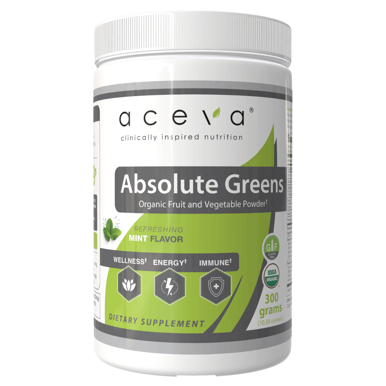 Aceva Absolute Greens, a 300 g tub of certified organic superfood powder