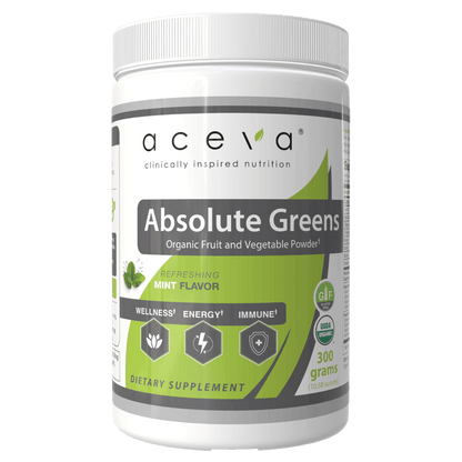 Aceva Absolute Greens, a 300 g tub of certified organic superfood powder
