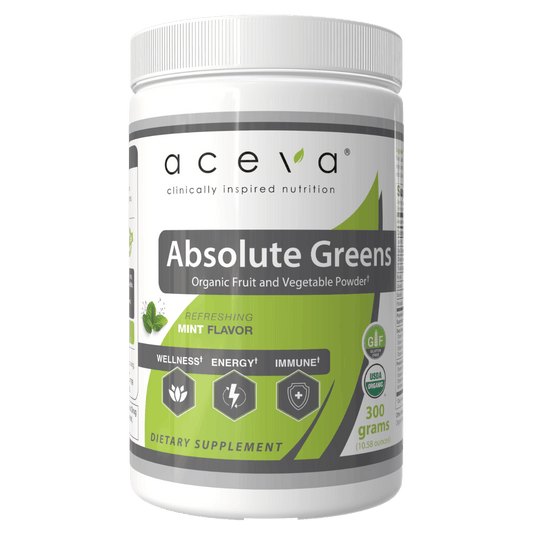 Aceva Absolute Greens, a 300 g tub of certified organic superfood powder