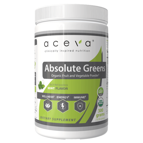 Aceva Absolute Greens, a 300 g tub of certified organic superfood powder