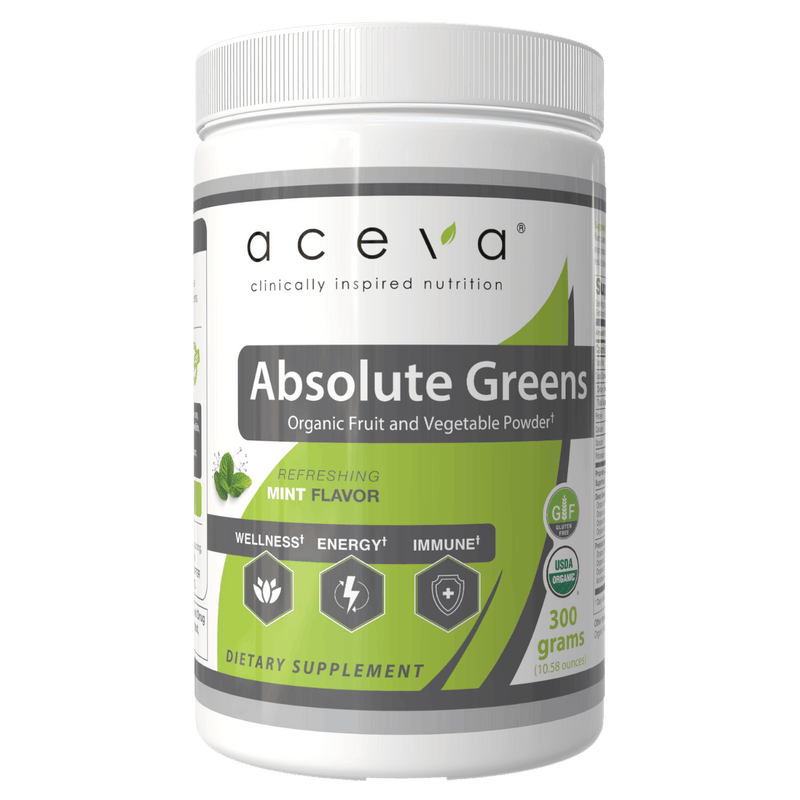Aceva Absolute Greens, a 300 g tub of certified organic superfood powder