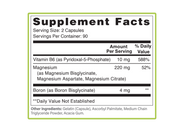 Supplement Facts panel for Aceva Triple Mag 180 Ct: 2 capsules per serving, 90 servings per container, 220 mg magnesium, 10 mg vitamin B6 and 4 mg boron