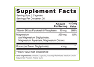 Supplement Facts panel for Aceva Triple Mag 60 Ct: 2 capsules per serving, 30 servings per container, 220 mg magnesium, 10 mg vitamin B6 and 4 mg boron